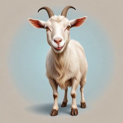 A white goat smiles at the camera