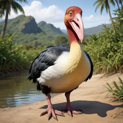 A large bird stands on a sandy shore near a stream