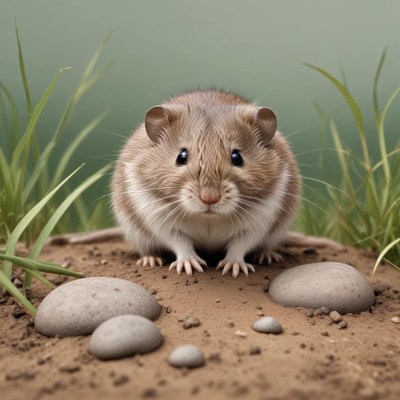 A small brown mouse stands on dirt near rocks and grass