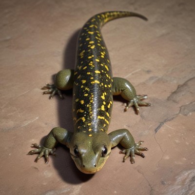 A green and yellow skink on a stone floor