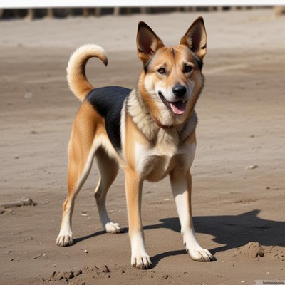 A brown and black dog stands on a sandy beach