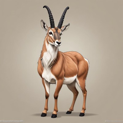 A brown and white gazelle stands on a neutral background