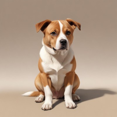 A brown and white dog sits on a beige background
