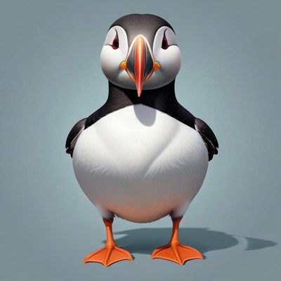 A puffin stands on a blue background