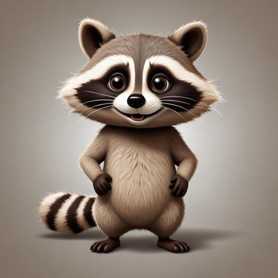A happy raccoon stands with its paws on its hips