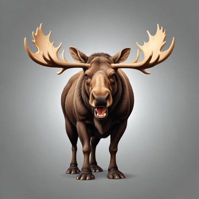 A brown moose with large antlers stands on a gray background