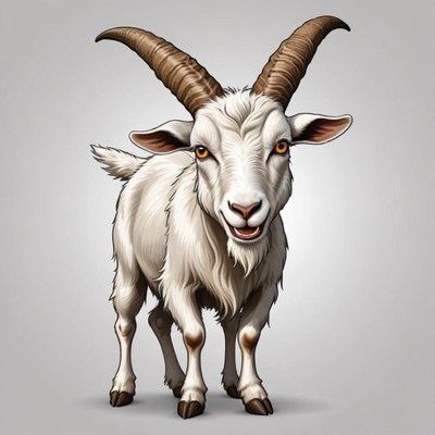 A white goat with brown horns stares at the camera