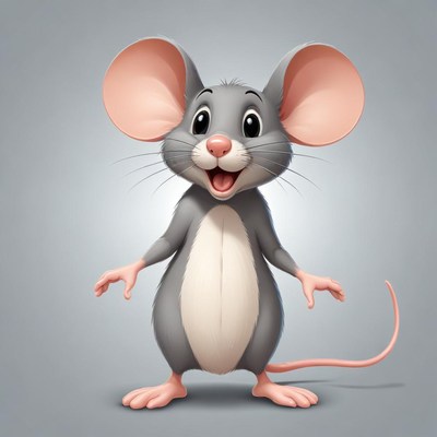 Happy cartoon mouse with big ears on gray background