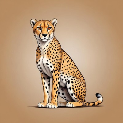 A cheetah sits alertly on a tan background