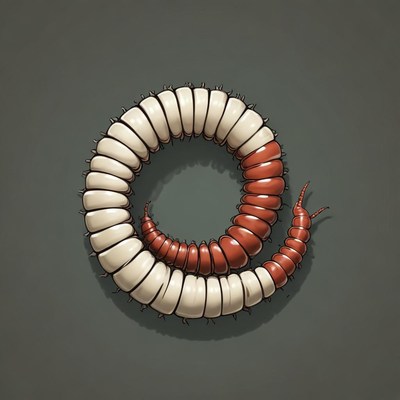 A red and white centipede curls into a circle