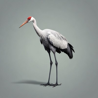 A white-naped crane stands on a gray background