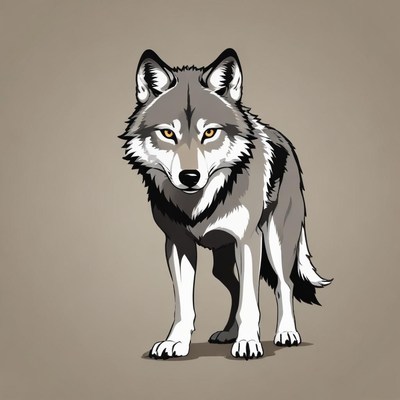 A gray wolf stands on a light brown background