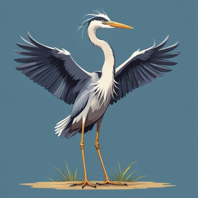 A gray heron stands with its wings spread