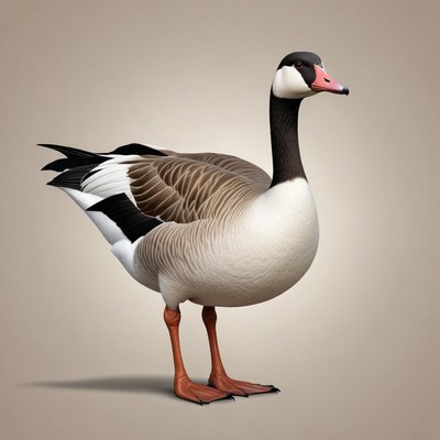 A goose stands on a light brown background