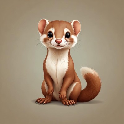 A cute, brown weasel sits on a plain background