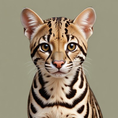 A close-up of a ocelot looking directly at the camera