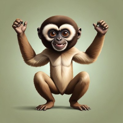 A young gibbon smiles while doing a squat