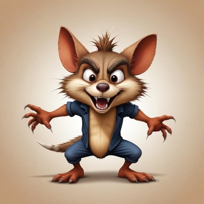 A cartoon rat with sharp claws and a menacing grin