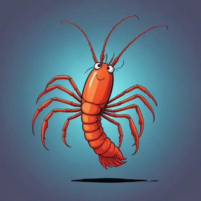 A happy cartoon lobster is leaping through the air