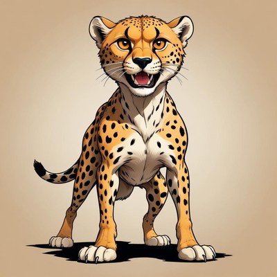 A cheetah cub stands proudly on a beige background