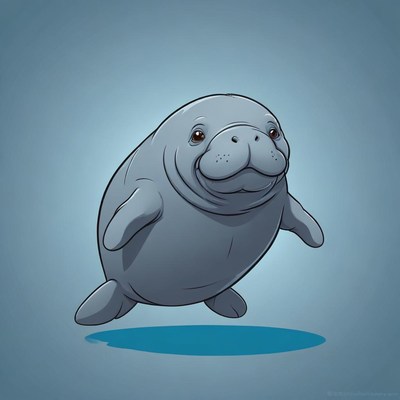 A cartoon manatee is floating in the water