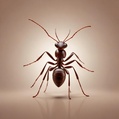 A black ant stands on a light brown surface