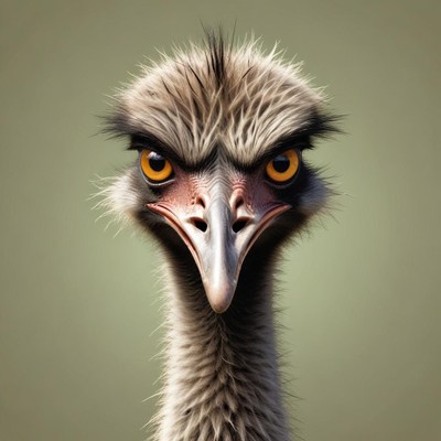 An angry ostrich stares directly at the camera