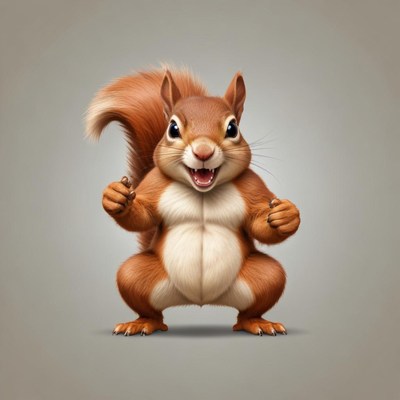A happy, buff squirrel stands in a fighting stance