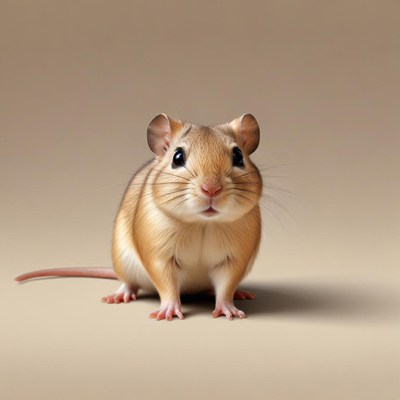 A small brown mouse sits on a tan background