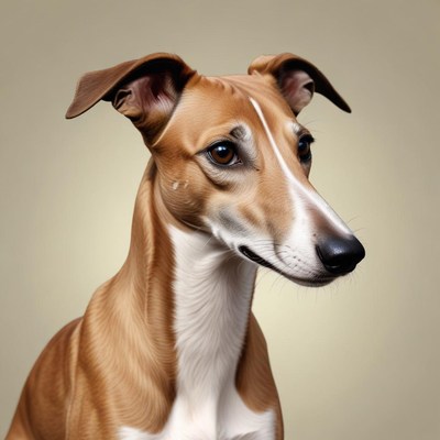 A brown and white dog looks directly at the camera