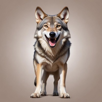 A wolf stands proudly, looking directly at the camera