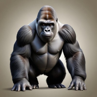 A muscular gorilla stands in front of a neutral background