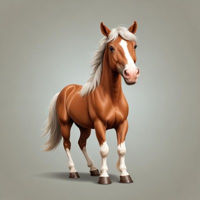 A brown horse stands on a gray background