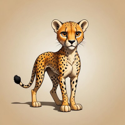 A cheetah stands on a tan background