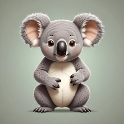 A cute koala stands on a green background