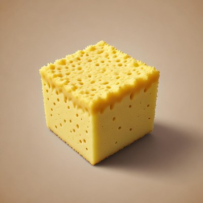 A block of swiss cheese sits on a table