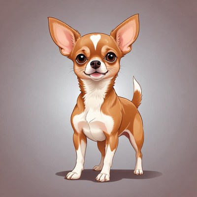 A brown and white chihuahua stands on a gray background