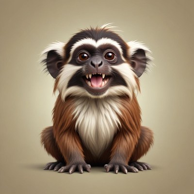 A small, brown and white monkey with big eyes smiles