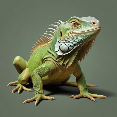 A green iguana sits on a gray background