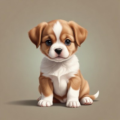A small, brown and white puppy sits on a plain background