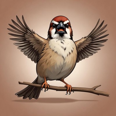 A sparrow with its wings spread perches on a branch