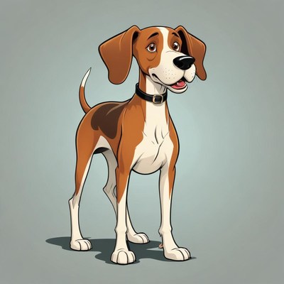 A brown and white dog stands on a gray background