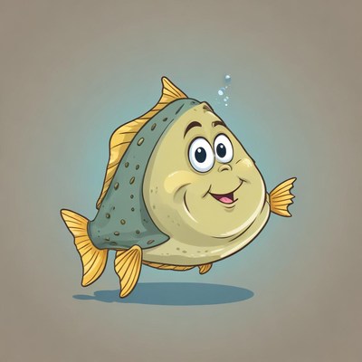 A cartoon fish with a big smile swims through the water