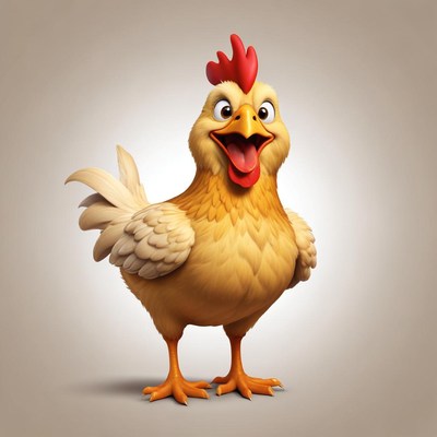 A cartoon chicken smiles cheerfully