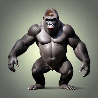 A large gorilla stands in a crouched position