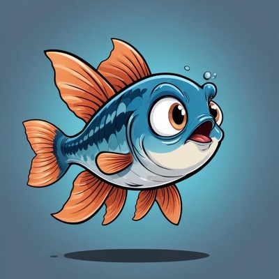 A cartoon fish swims with wide, surprised eyes