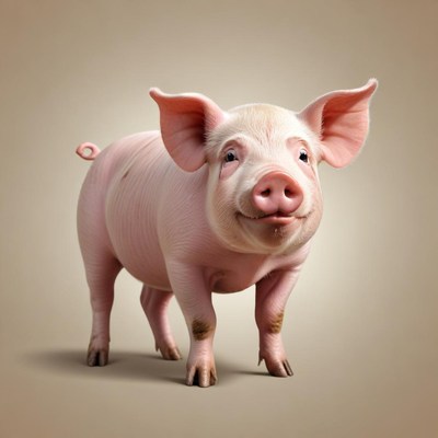 A happy pig stands on a light brown background