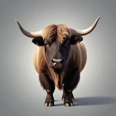 A highland cow stands in front of a gray background