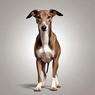 Brown and white italian greyhound on grey background