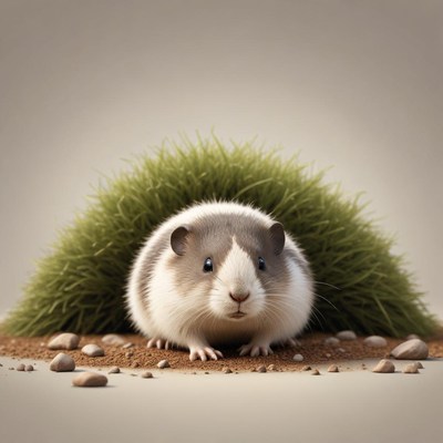 Fluffy hamster peeks from green grass